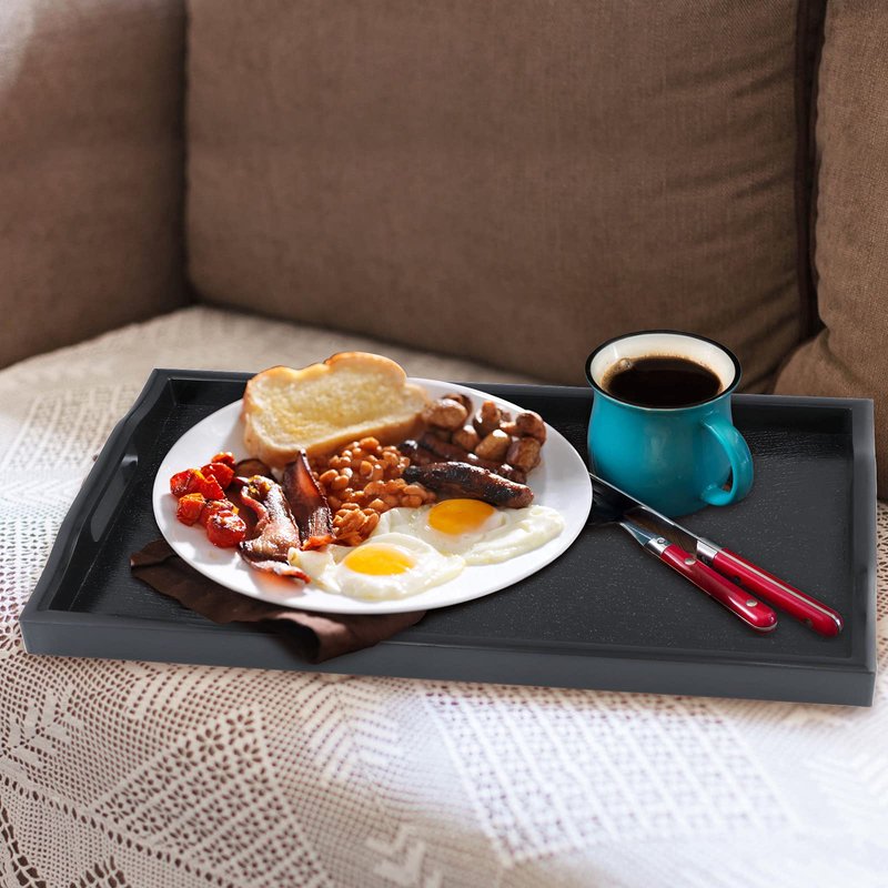 MDLUU Set of 2 Plastic Serving Tray, Ottoman Tray with Cutout Handles, Rectangle Butler Tray for Breakfast in Bed, Coffee Table, Kitchen Countertop (Black)