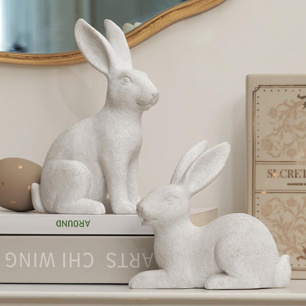 Skiennix White Frosted Resin Bunny Figurines - Set of 2 Decorative Rabbit Statues for Spring Home Decor