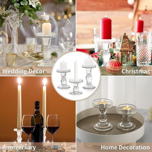 Crystal Clear Glass Candle Holders by [Brand Name] - Elegant 3-Piece Set for Pillar, Taper & Tea Light Candles