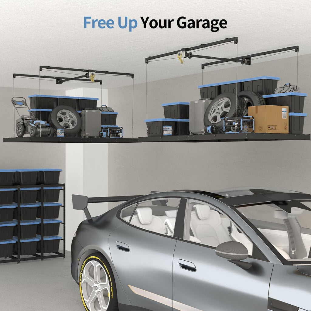 Overhead Garage Storage Rack - Heavy-Duty 4x8 FT Ceiling Mounted Lift System with Safety Lock | 325 lbs Capacity