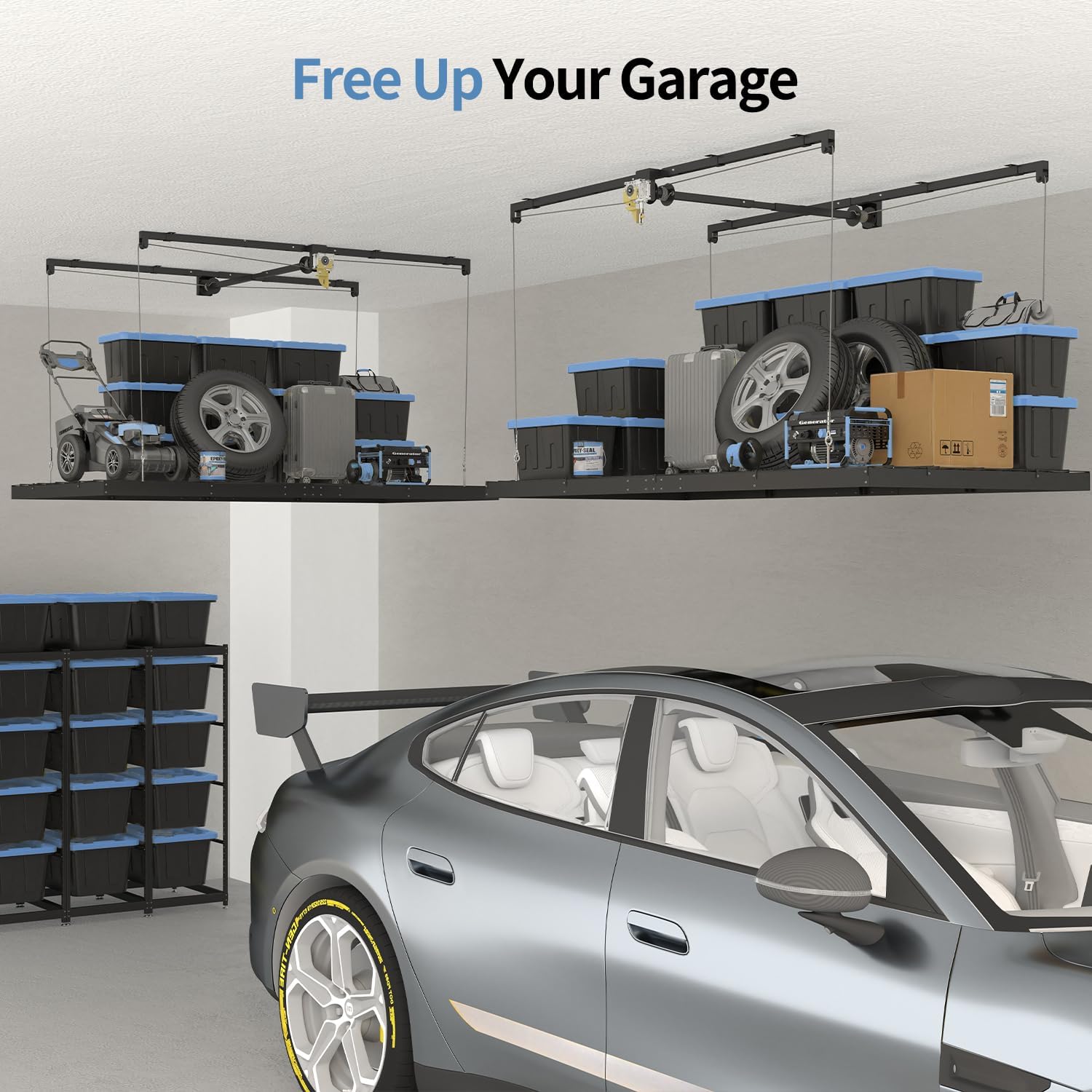 Overhead Garage Storage Rack - Heavy-Duty 4x8 FT Ceiling Mounted Lift System with Safety Lock | 325 lbs Capacity