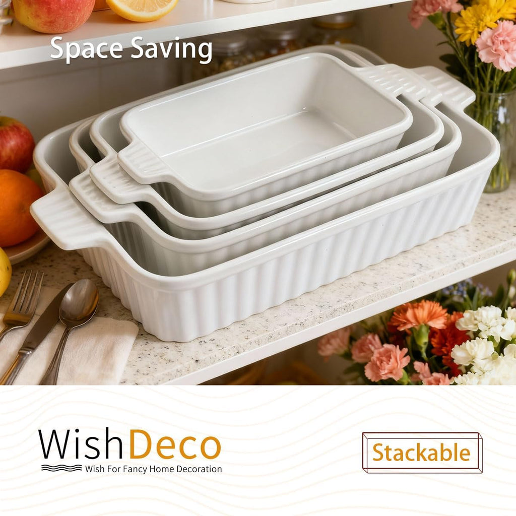 WishDeco Ceramic Casserole Dishes Set - 4-Piece White Porcelain Bakeware for Oven & Microwave | Rectangular Lasagna Pans with Handles (15''/12.4''/11''/9.6'')