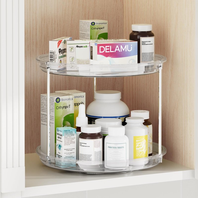 LazySpin 2 Pack 2 Tier Lazy Susan Organizer, 9.25'' Lazy Susan Turntable for Cabinet, Stackable Turntable Organizer Rotating Spice Rack Organization for Kitchen Countertop, Pantry, Bathroom, Clear