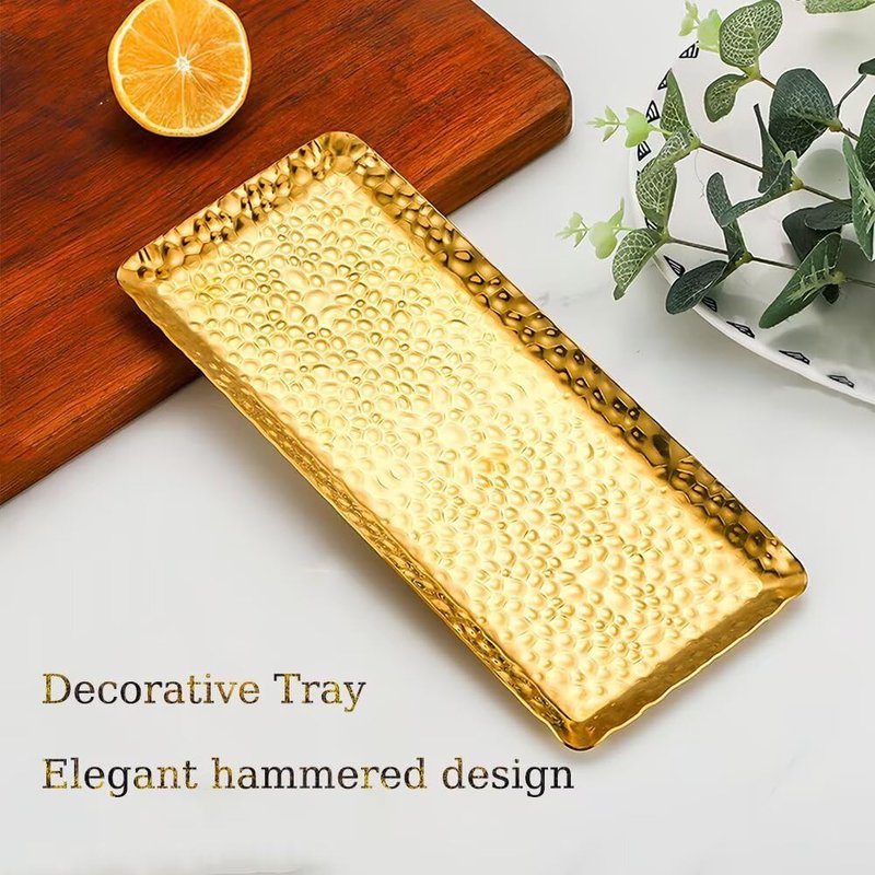 SEEK RARE Decorative Tray Stainless Steel Serving Trays Hammered Rectangular 9.8 x 4.3 Inch Dessert Plates Reusable Fruit Stand for Living Room Kitchen Gold