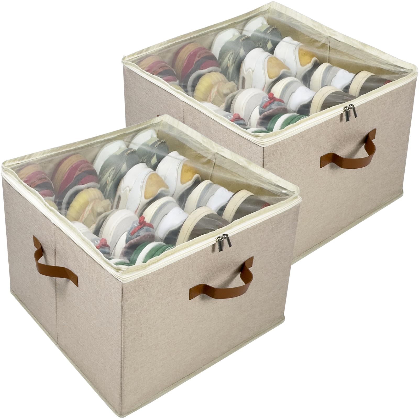 Fuonsyn 2-Pack Shoe Storage Organizer for Closet - Large Capacity Fits 16-32 Pairs, Clear Cover with Reinforced Handles, Adjustable Dividers, Dustproof Stackable Containers, Khaki