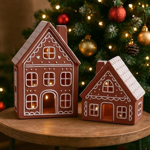 Funnymoom Lighted Ceramic Iced Gingerbread Houses - Pre-Lit LED Christmas Tabletop Decor | 2 Sets