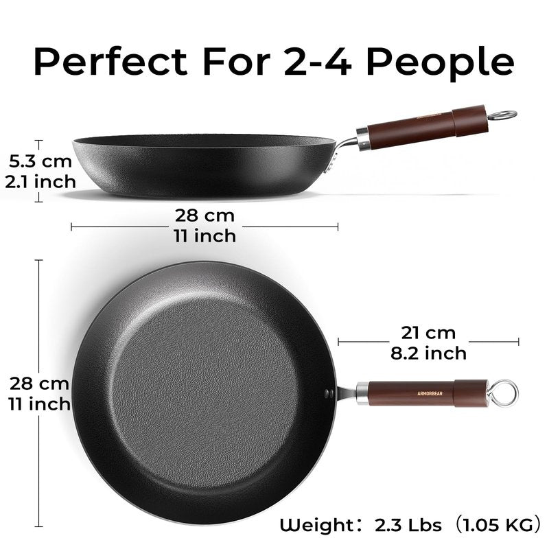 Armorbear Carbon Steel Frying Pan, Pre-Seasoned 11-Inch Cooking Skillet Wooden Handle, PFAS & PFOA-Free, Nitrided Black Fry Pan for Kitchen, Camping, Chef Use