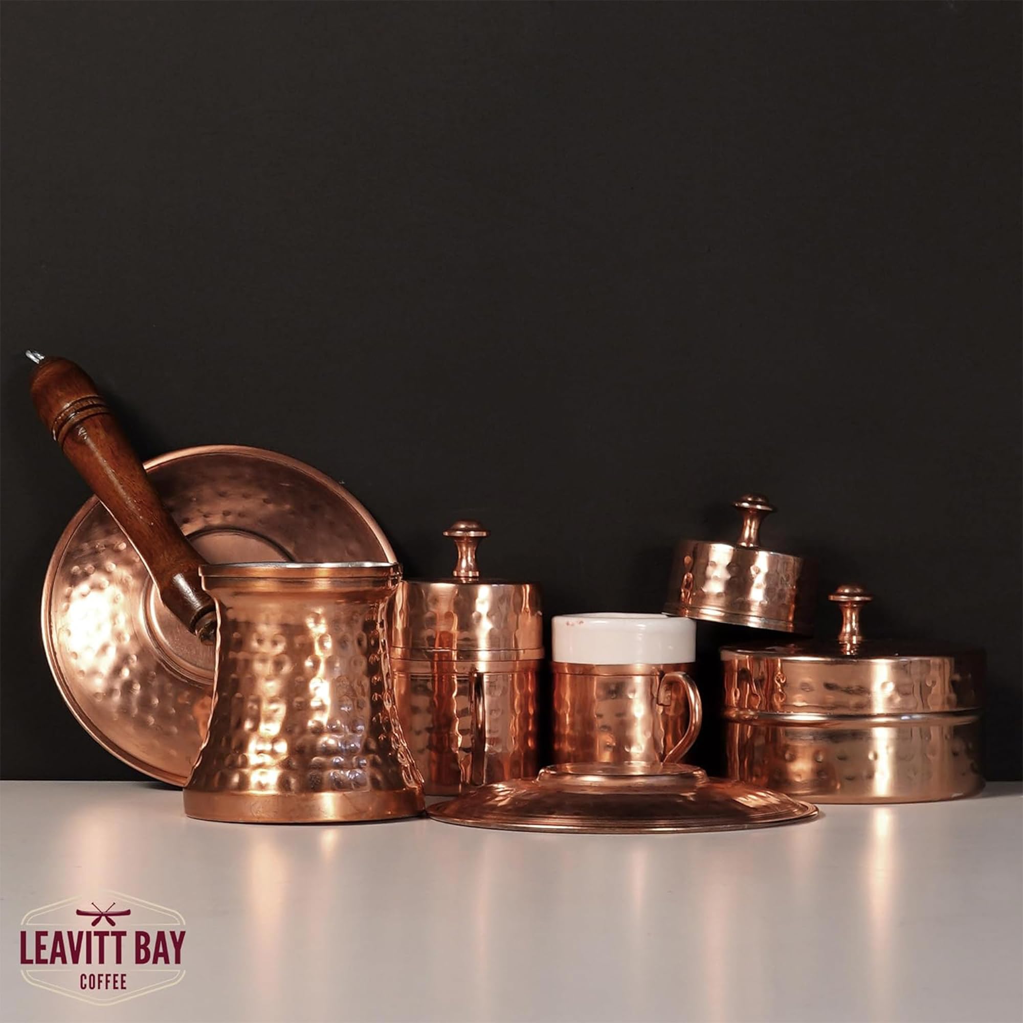 Turkish Coffee Set – Turkish Coffee Maker Set w/ 2 Cups, Sugar Dish, & Copper Pot (Cezve) – Traditional Gifts for Latte Lovers - 7oz