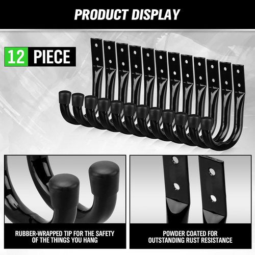 Heavy Duty Garage Storage Hooks - 12-Piece Bike Wall Mount J Hooks | Large Metal Organizer for Tools & Cords