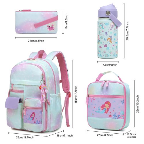 InduSKY Girls Backpack Set with 14oz Kids Insulated Water Bottle, Cute Rainbow School Backpacks for Girls with Lunch Bag Pencil Case, Kids Backpack Kindergarten Elementary Middle School Bags Book Bags