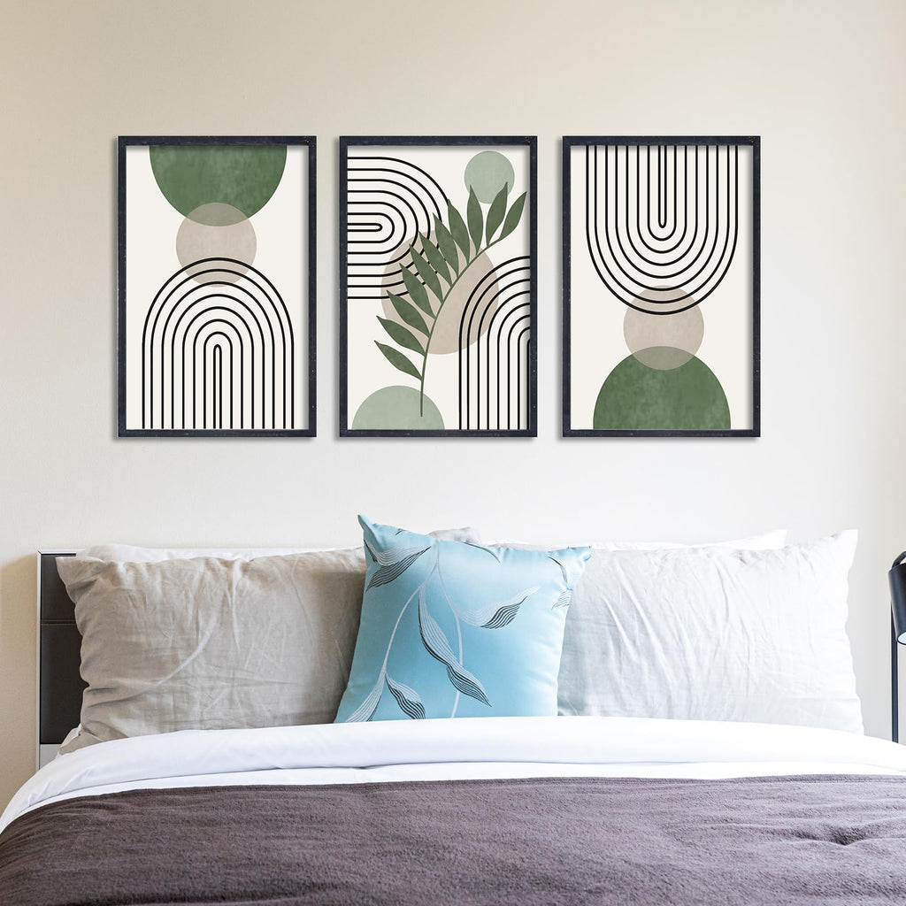 ZZJJHYWGQ Sage Green Boho Wall Art Decor 24"x16" Set of 3 Minimalist Geometric Line Leaf Sun Moon Artwork Paintings Living Room Office Abstract Botanical Soild Wood Framed Sign Wall Hanging (Black)