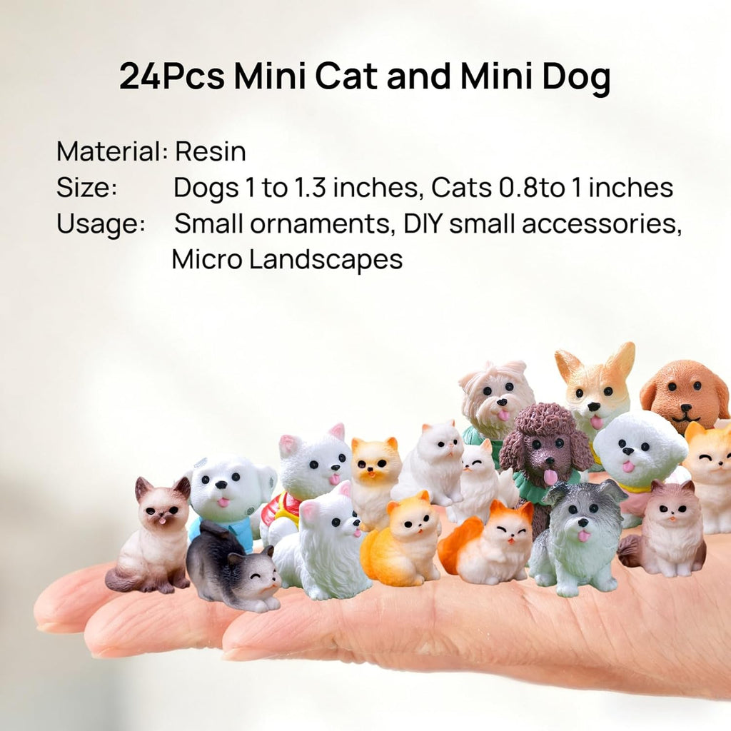 Skiennix 24 Pcs Mini Cat & Dog Figurines Set - Cute Realistic Resin Models for Home Decor & Parties