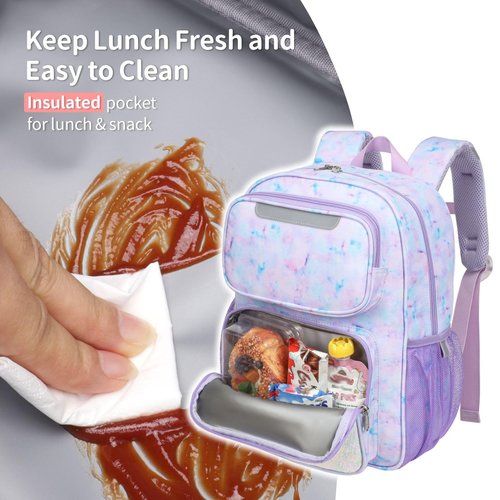BrainyBees Kids Backpack for Girls Kindergarten - 15 Inch Lightweight School Bookbag fits Folder, Backpack for Kids 4-7 with Chest Strap & Insulated Pocket, Purple Tie-dye