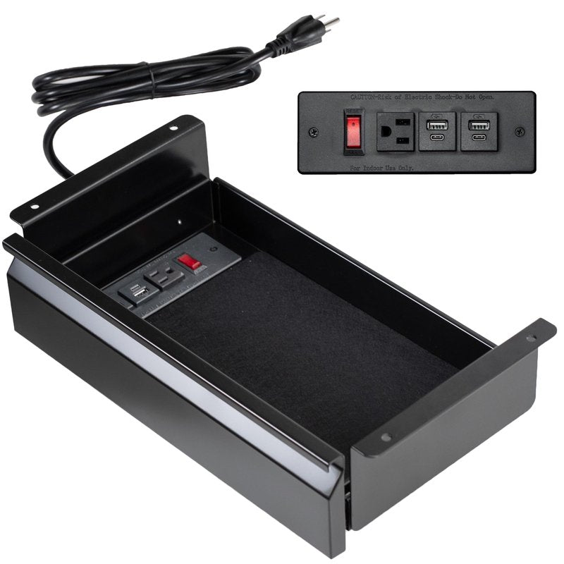 VIVO 16 inch Under Desk Slide Out Drawer with Power Strip for Charging, Storage Organizer, Black, DESK-DR16-BP