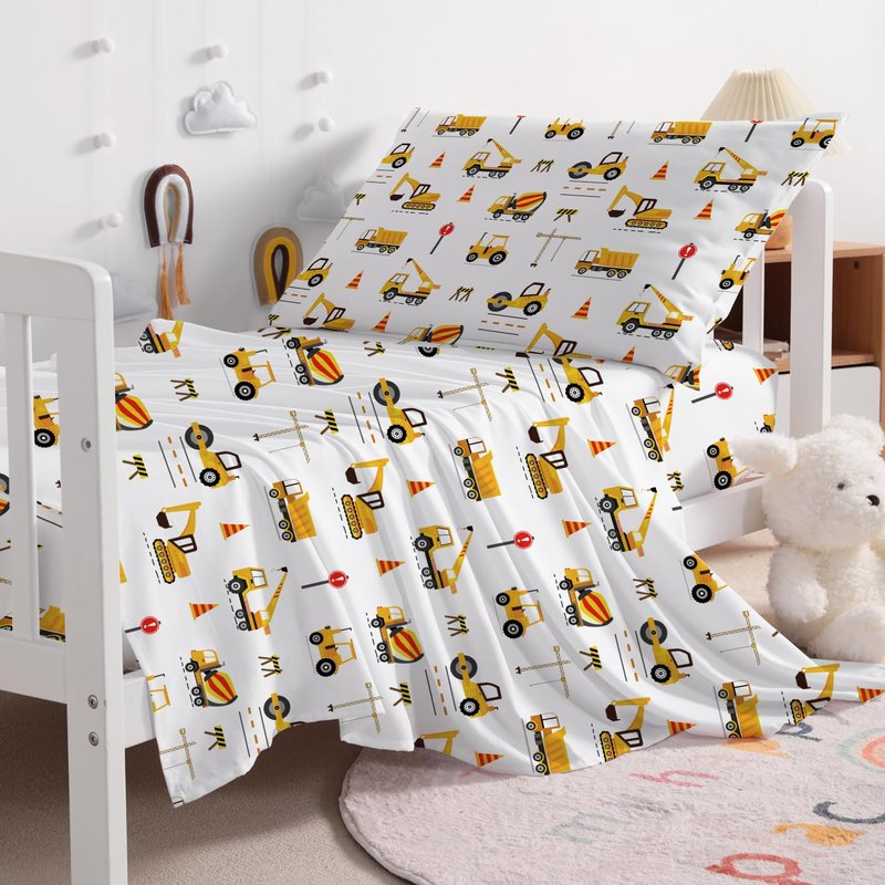 ROLJZTY Bed Sheets for Kids Boys, Soft Microfiber Twin Sheets Set 3 Piece Deep Pocket Bed Sheet Set, Breathable Sheet Sets Twin Size Bed Excavator Vehicles Printed