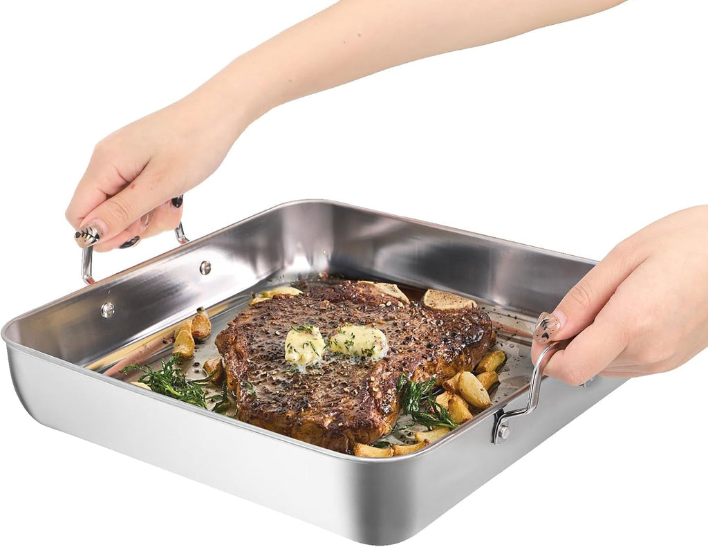 Tebery Square Cake Pan Set - Deep Stainless Steel Nonstick Baking Pans with Handles | Durable Bakeware for Birthdays & Weddings