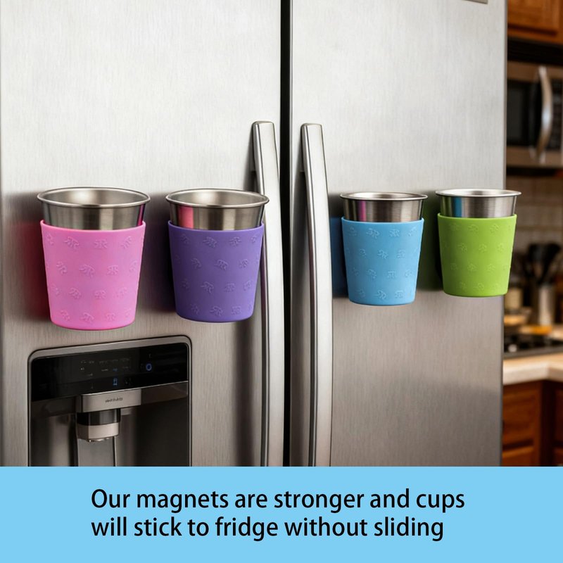 Rich&Ray 8oz Magnetic Reusable Hanging Cup, Stackable Metal Cups Stainless Steel Drinking Cup with Silicone Sleeve for Water Cooler and Fridge (8oz-Purple, Green, Pink, Light Blue)