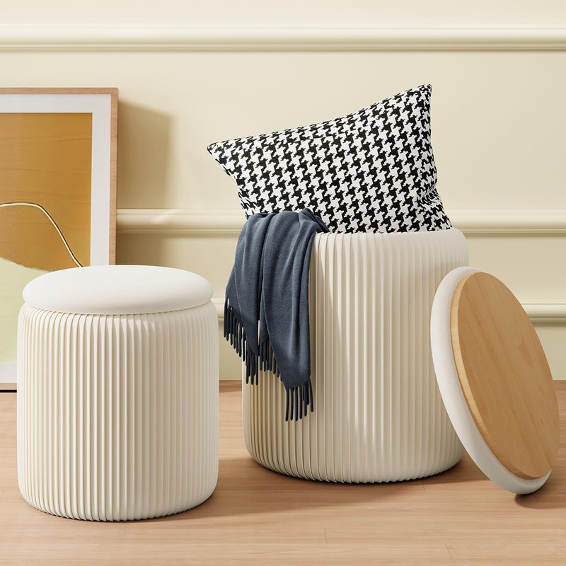 Round Ottoman with Storage Set of 2, White Vanity Stool, Upholstered Velvet Storage Ottomans, Makeup Chair Seat for Bedroom, Small Pouf Footstool for Living Room