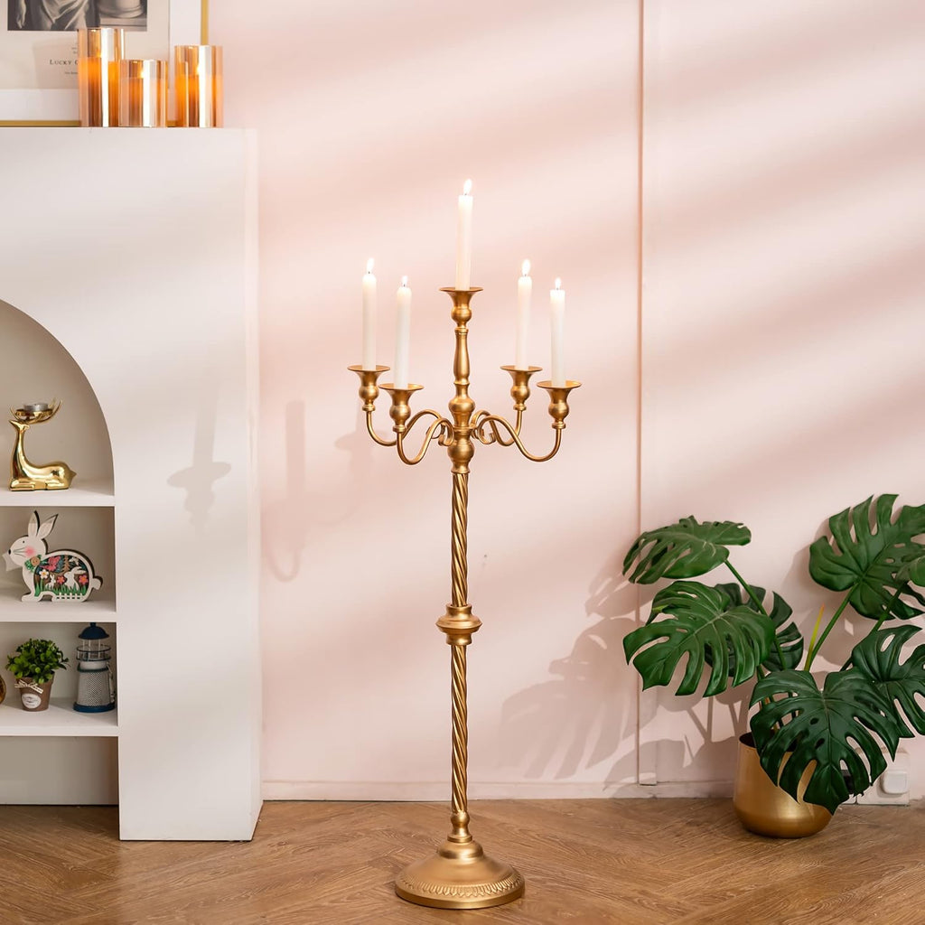 Sziqiqi Gold Floor Candelabra | Tall 5-Arm Metal Candle Holder for Elegant Wedding Centerpieces