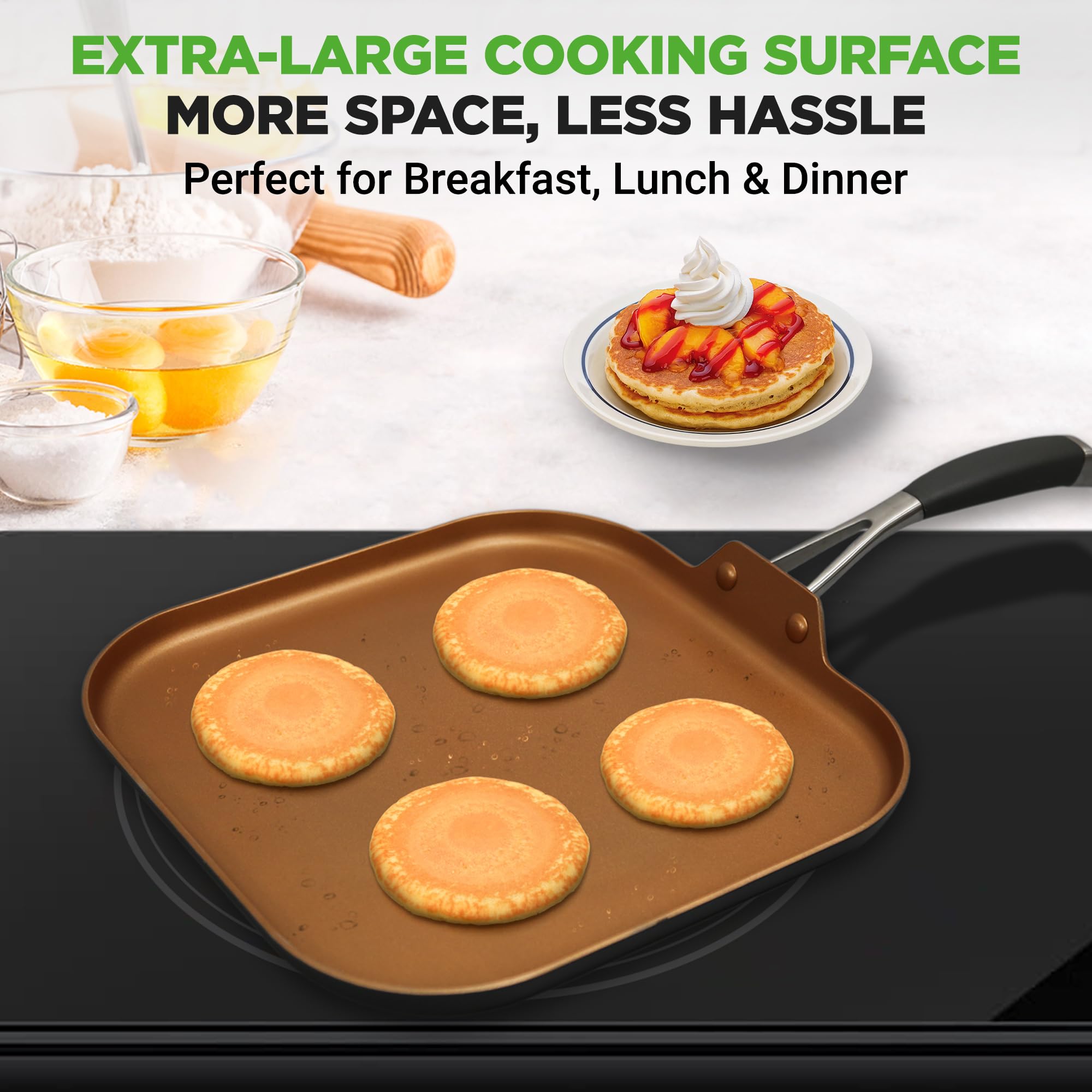 NutriChef Hard Anodized Nonstick Griddle Pan -PFOA/PFOS Free Non-Stick Griddle Pan 3 Layers Copper Non-Stick Coating Inside, Hard-Anodized Look Heat Resistant Lacquer Outside, Silicone Handle NCSQPA.5
