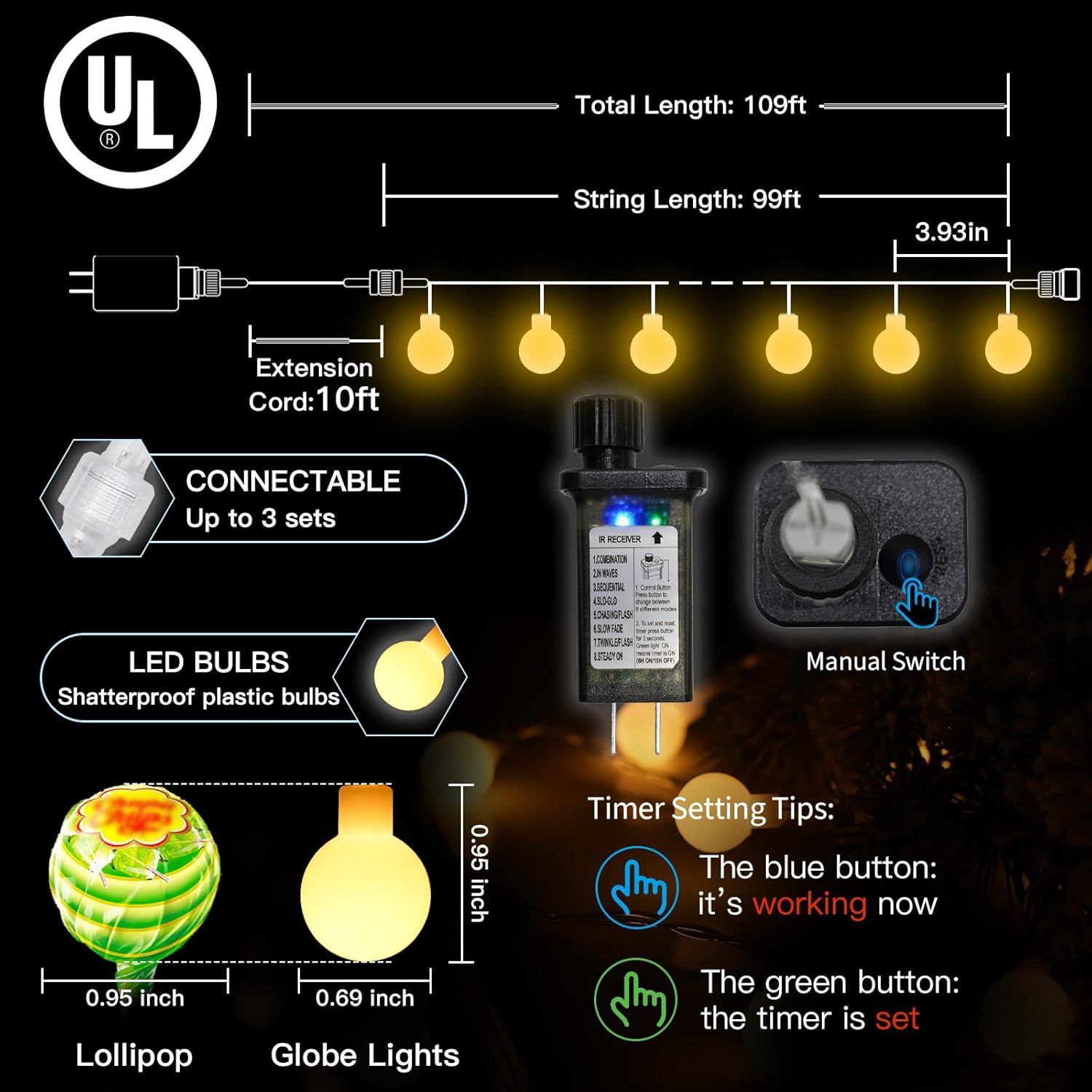 Suddus Globe String Lights - 99ft 300 LED Indoor/Outdoor Fairy Lights with Remote | Warm White