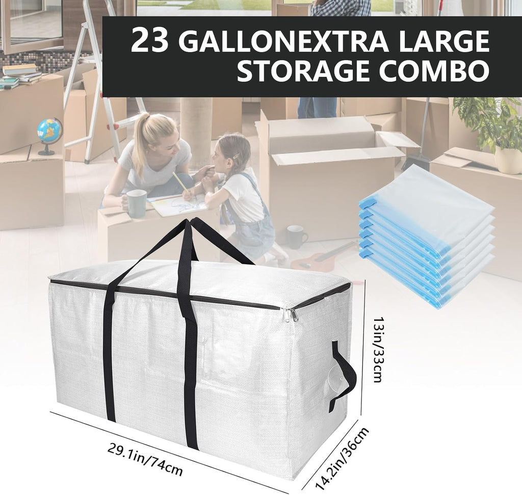 Skiennix Extra Large Heavy Duty Storage Bags Set - Waterproof Moving Totes with Handles | 6 Bags & 10 Vacuum Seal Bags for College Dorm, Travel, Camping