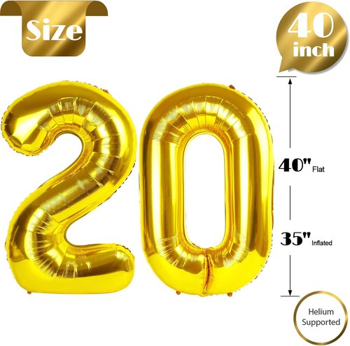Gold Number 20 Balloon - 40 Inch Golden Birthday Decoration for 20th Celebration | Party Supplies