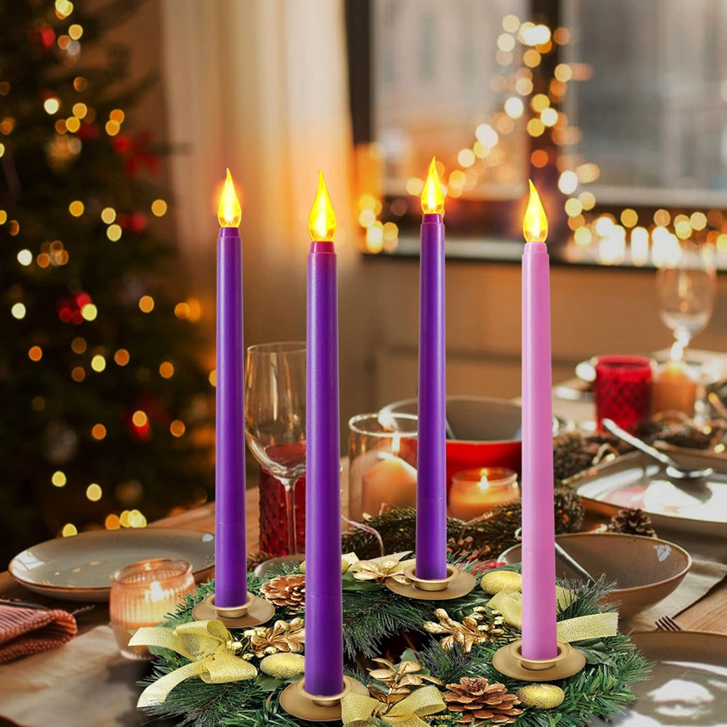 Regine Switzerland Flameless Taper Candles - Set of 4 Battery Operated Flickering Candles in 3 Purple & 1 Pink