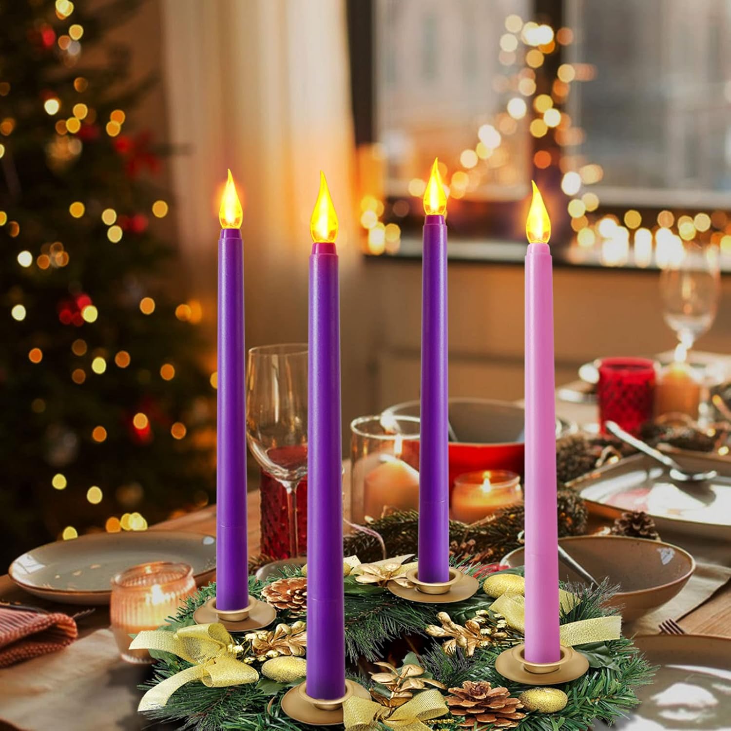 Regine Switzerland Flameless Taper Candles - Set of 4 Battery Operated Flickering Candles in 3 Purple & 1 Pink