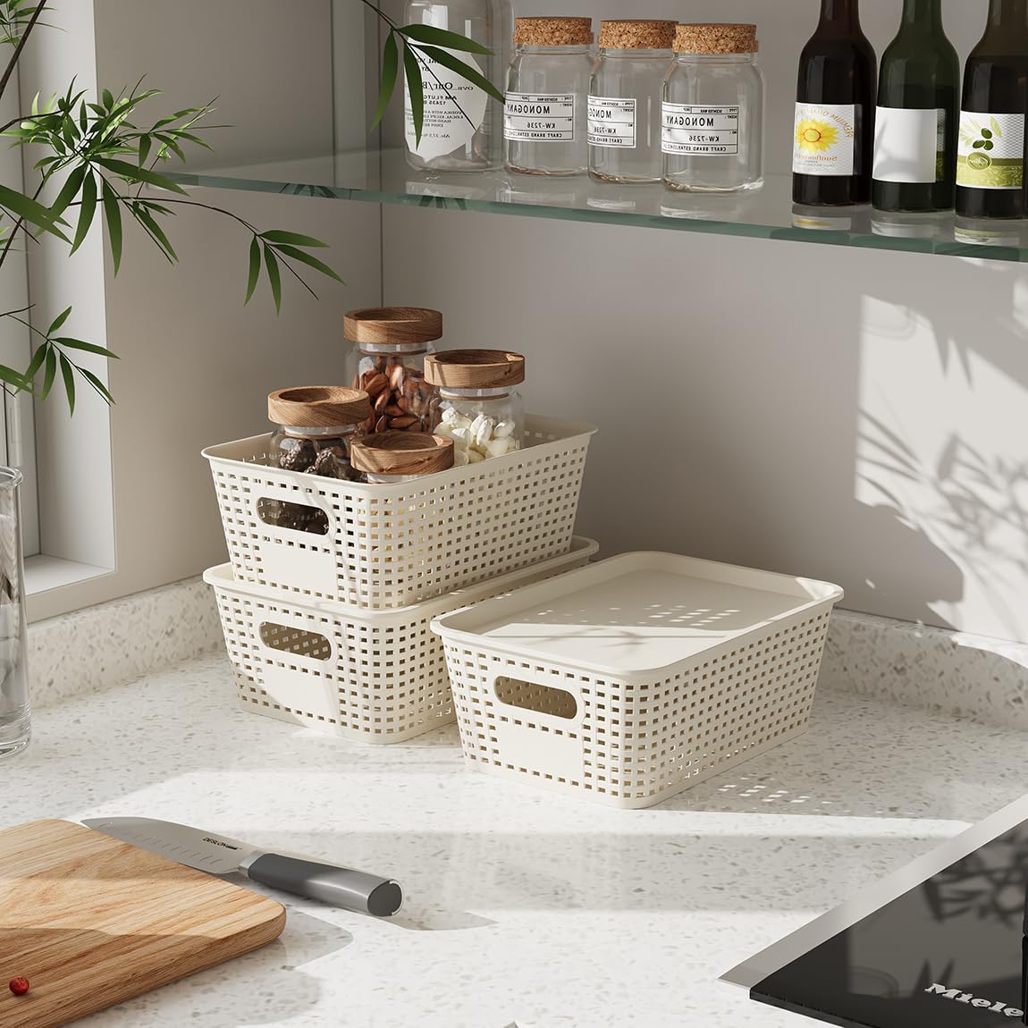 Resze Plastic Storage Baskets - 6 Pack with Lids | Breathable, Stackable Organizers for Home & Office, White
