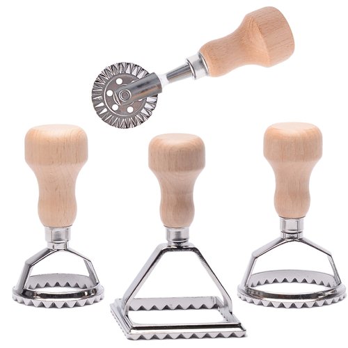 MASTER FENG Ravioli Stamp Maker Cutter with Roller Wheel Set, Mold with Wooden Handle and Fluted Edge, Pasta Press Kitchen Attachment (MF-1246)