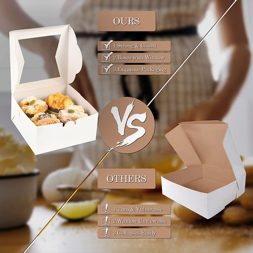KPOSIYA 65PCS Bakery Boxes with Window 6x6x3 Inches 5 Style Cookie Boxes Small Pastry Boxes for Candy, Dessert, Pastry, Donuts, Birthday Party, Wedding(White)