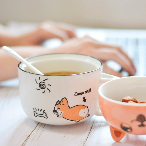SQKJ Cute Corgi Ceramic Coffee Mugs Tea Cups with Lid and Spoon Lovely Dog Design Gifts for Kids Girls Boys (370ml+160ml/12.5oz + 5.4oz)