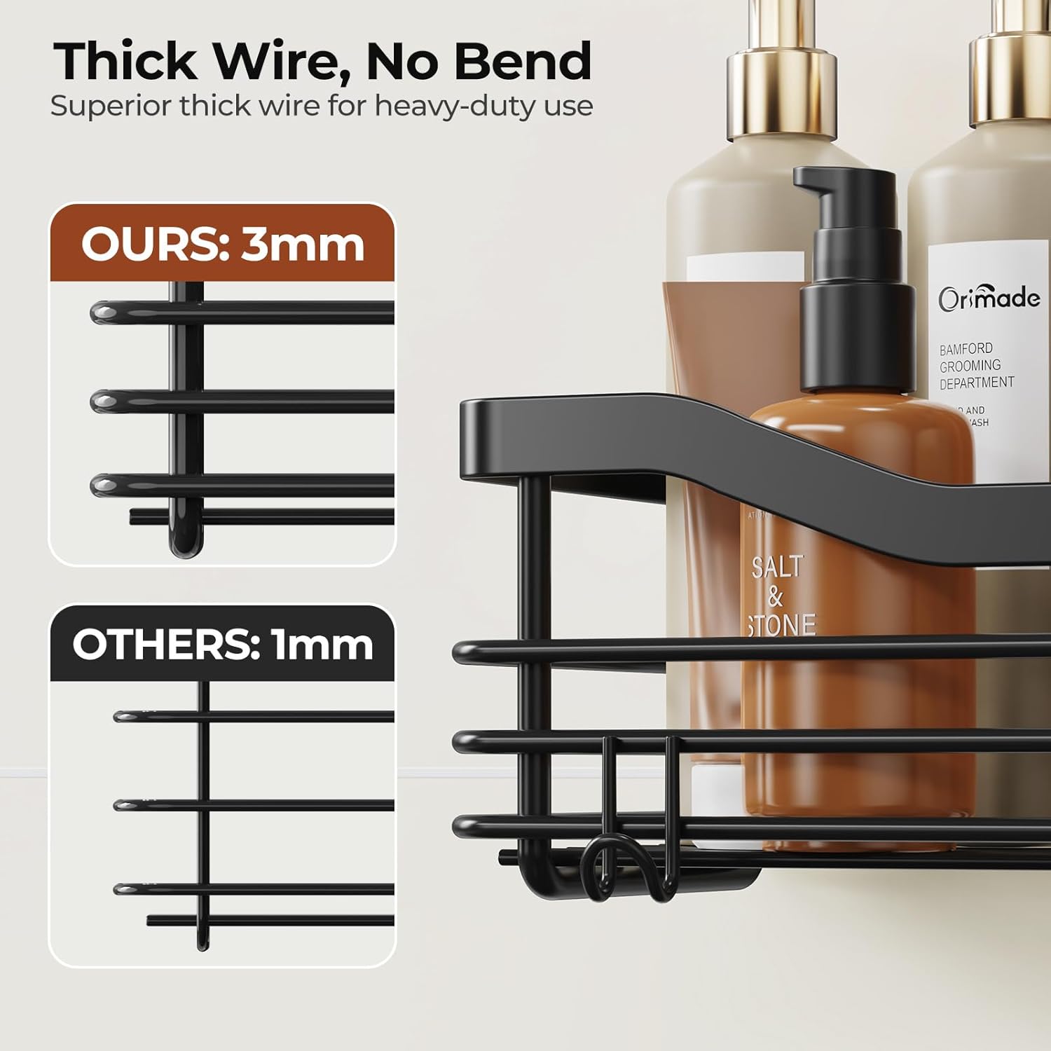Orimade Adhesive Shower Caddy Shelf - Rust Resistant Wall Mounted Organizer with 5 Hooks | 2 Pack, Black