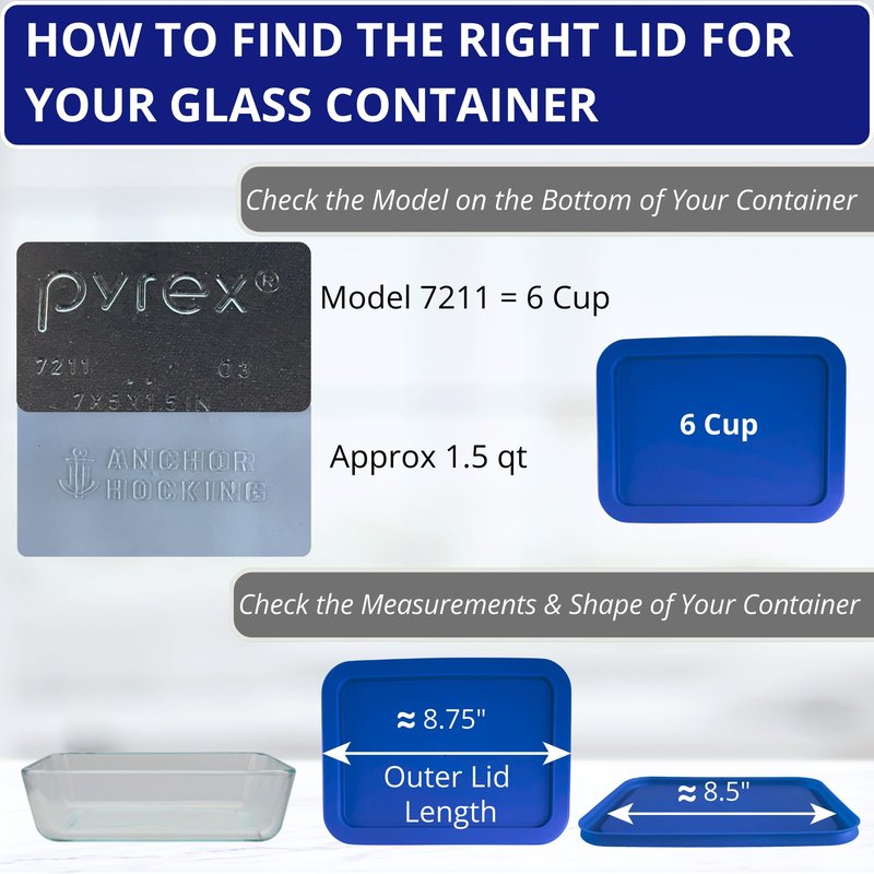 6 Cup/1.5 L Blue Replacement Lids/Covers for Pyrex 7211-PC, 6 Cup/48oz Anchor Hocking & Klare Ware Storage Bowls *Lids Only* - *Glass Container Not Included* (4 Pack, Blue)