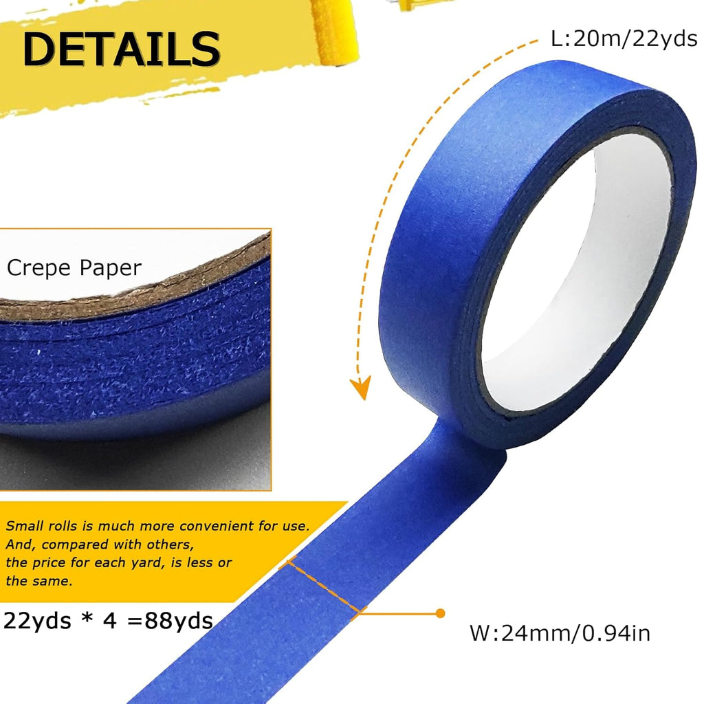 Premium Painters Tape by 4 Rolls - Blue Masking Tape for Easy Removal & No Residue | 88 Yards