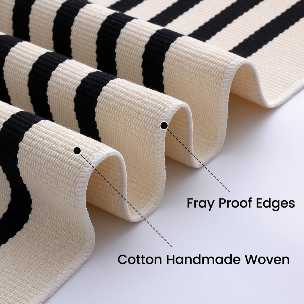 OLANLY Striped Rug - Washable Beige and Black Cotton Doormat 4' x 6' for Indoor/Outdoor Use