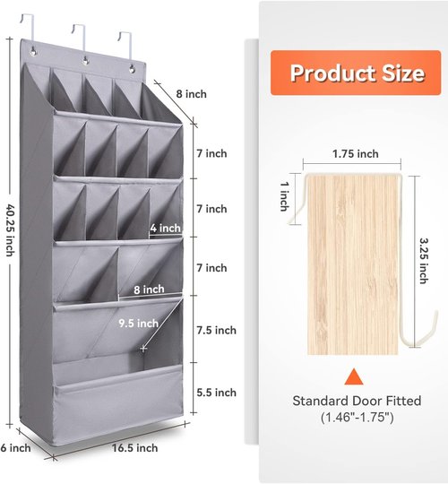 FENTEC Over-the-Door Shoe Organizer - 15 Pocket Hanging Rack for Closet | Gray Storage Solution