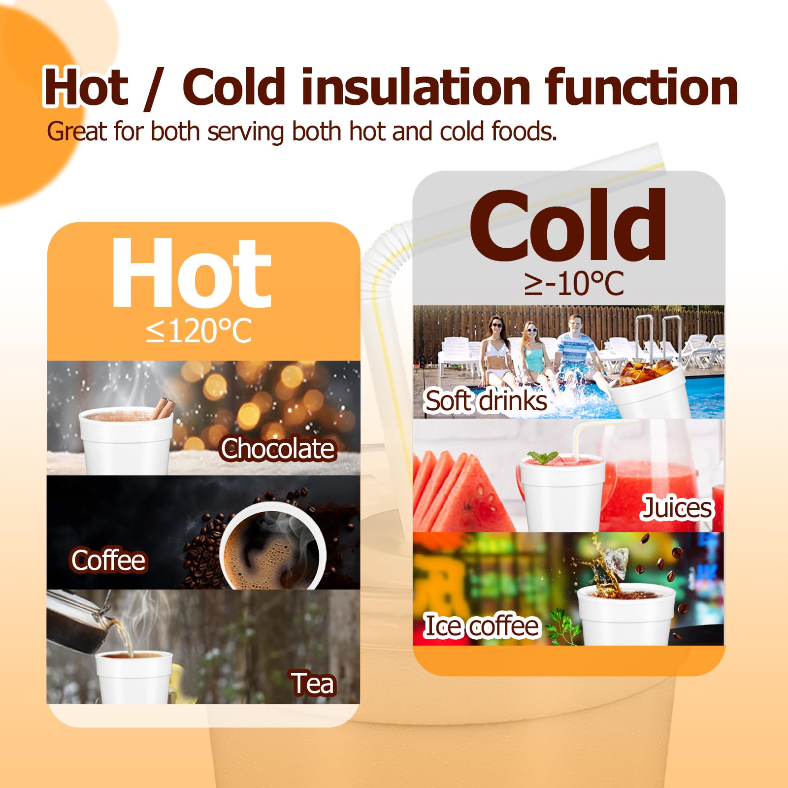 RIKICACA 8 Oz Styrofoam Cups with Lids and Drinking Straws, Disposable White Foam Cups for Hot Cold Drink Beverage, To Go Drinking Container for Coffee, Tea, Juice - 50Sets/150pcs