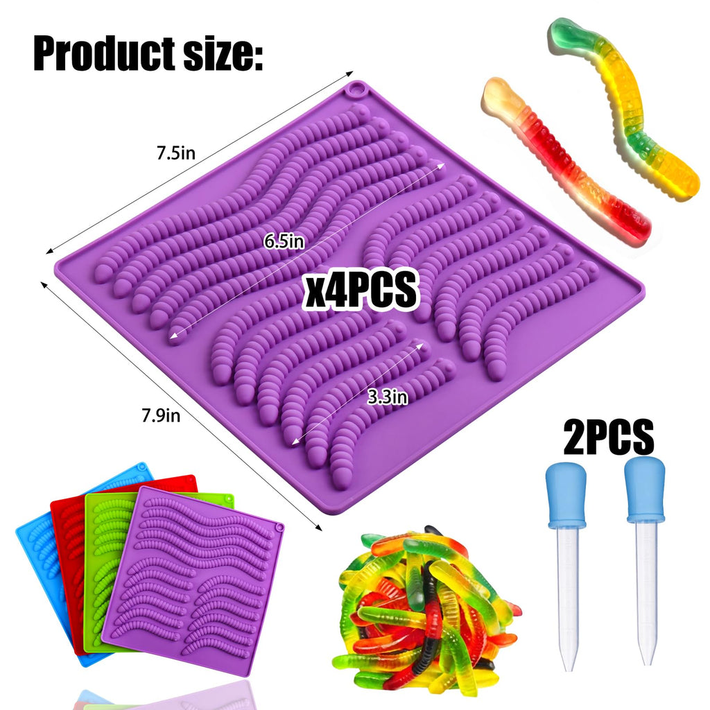 Palksky 4PCS gummy worm molds silicone for gummies candy, large fruit snack molds for kids