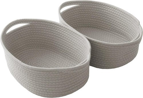 JMvicyroam Woven Basket - Small Rope Storage Bin with Handles | Grey 2-Pack for Organizing Shelves and Closets