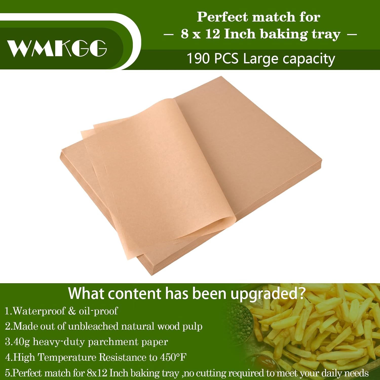 WMKGG Parchment Paper Sheets - 190 PCS Non-Stick Precut Baking Sheets | 8x12 Inches for Grilling, Air Frying & More