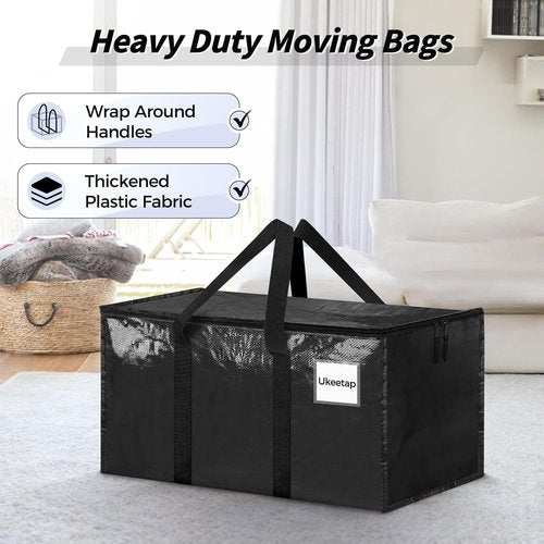 Heavy-Duty Moving Bags - 8 Pack Extra Large Storage Totes with Lids & Reinforced Handles | Black