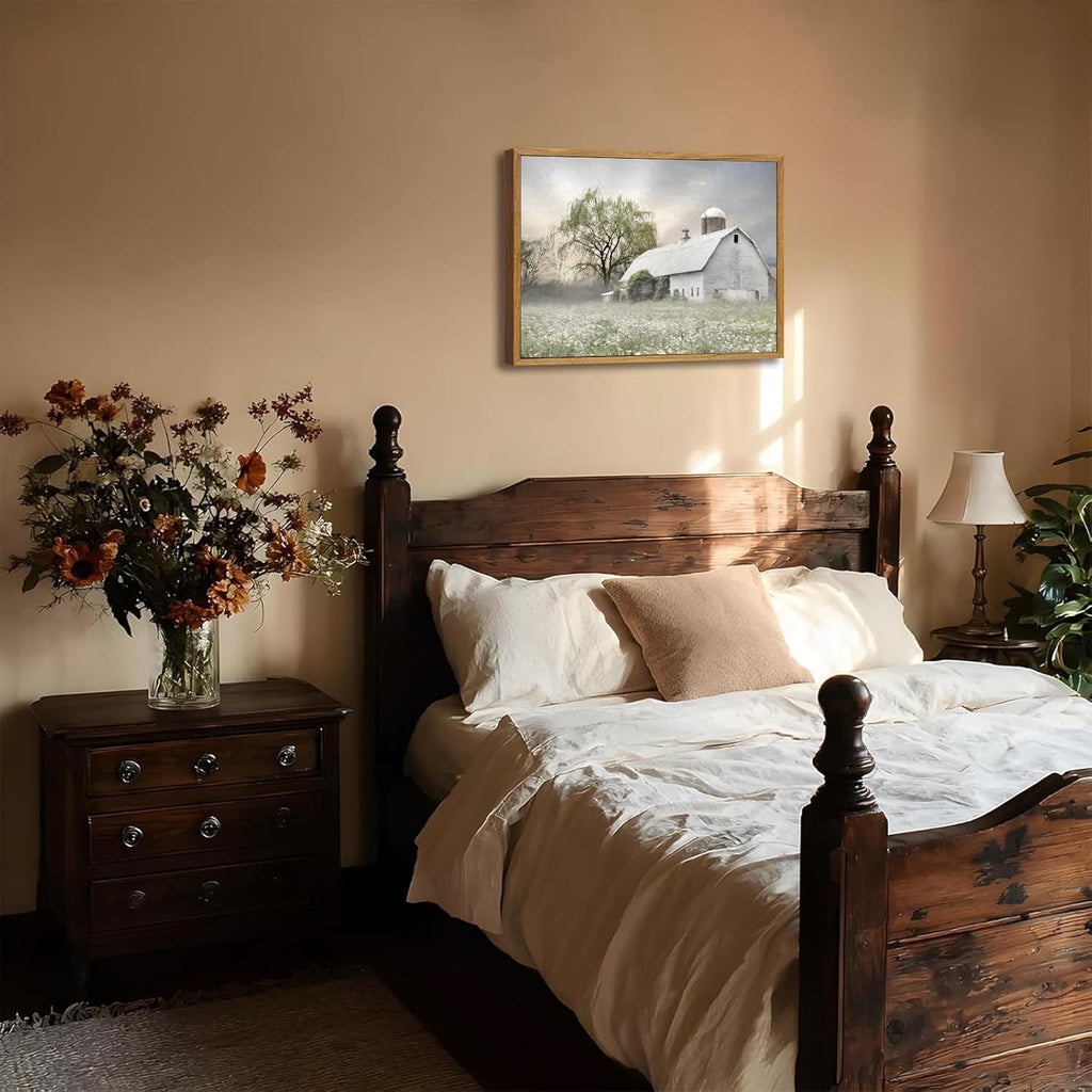 Skiennix Rustic Farmhouse Canvas Wall Art - White Barn Wildflower Landscape Print | 16x12 in for Bedroom & Living Room