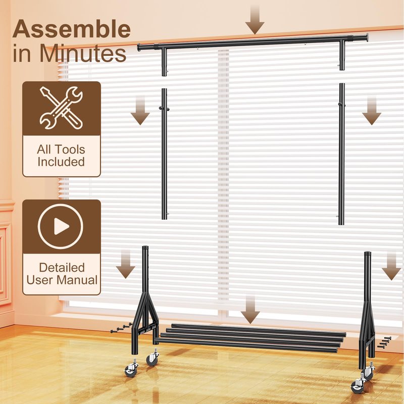 TigerParty Clothes Rack, Clothing Racks for Hanging Clothes, Rolling Garment Rack, Adjustable Free Standing Clothes Organizer with Wheels, Space-saving Design for Bedroom Laundry Living Room