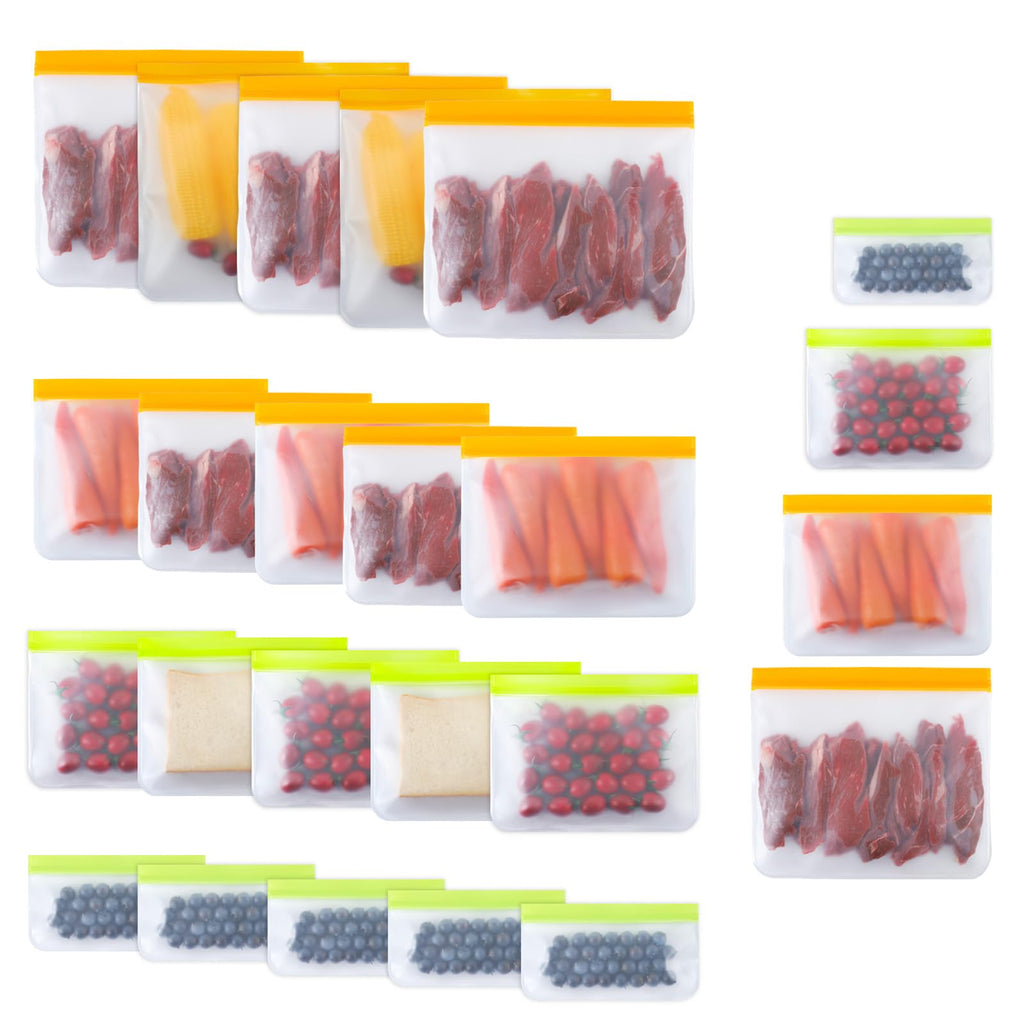 Reusable Freezer Bags 24 Pack Full Sizes Combo: 6 Snack, 6 Sandwich, 6 Quart, 6 Gallon | BPA Free, Dishwasher Safe & Leakproof | For Meal Prep, Lunch, Leftovers, Food Storage & Travel