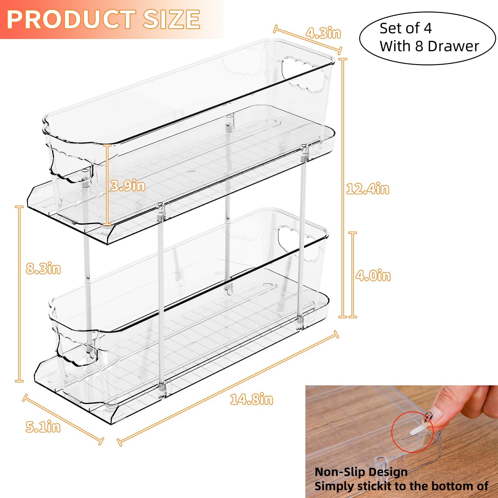 SUOXING 4 Pack Bathroom Under Sink Organizer for Small Spaces,5.1" Narrow 2 Tier Under Cabinet Storage for Cleaning Supplies Organization,Pull Out Kitchen Cupboard Underneath Sink Organizer,Clear