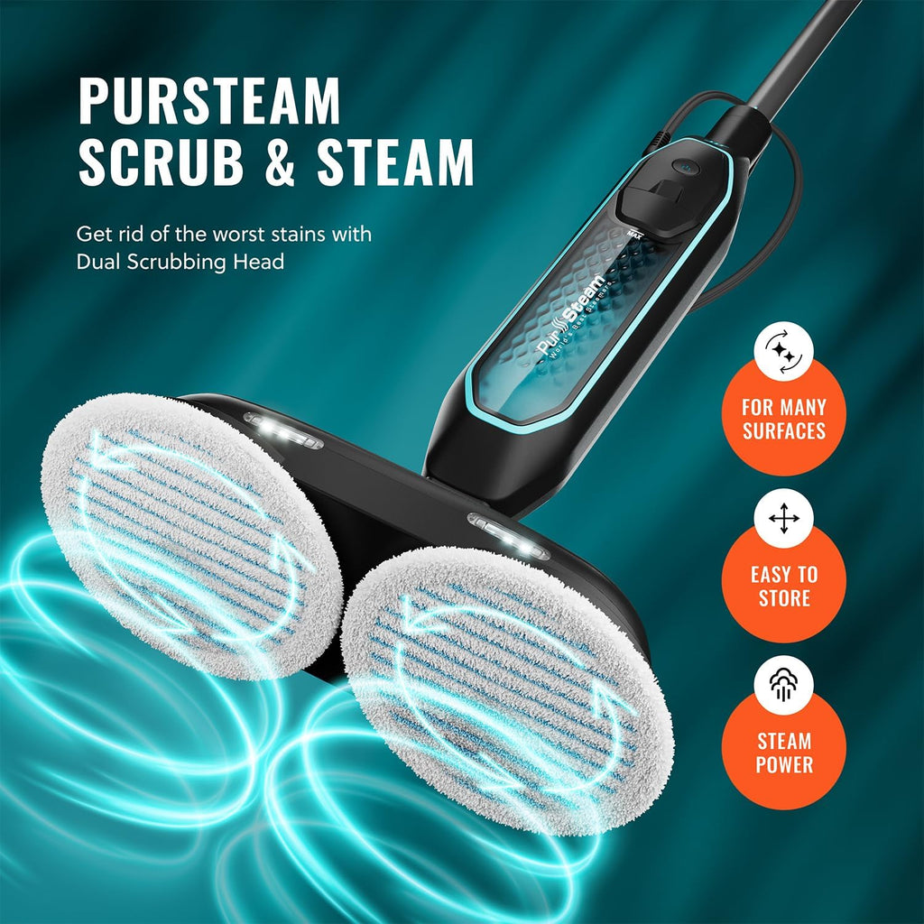 Pursteam ScrubMaster Steam Mop - Dual Scrubbing Head, LED Lights & Adjustable Steam Control | Versatile Cleaning Tool