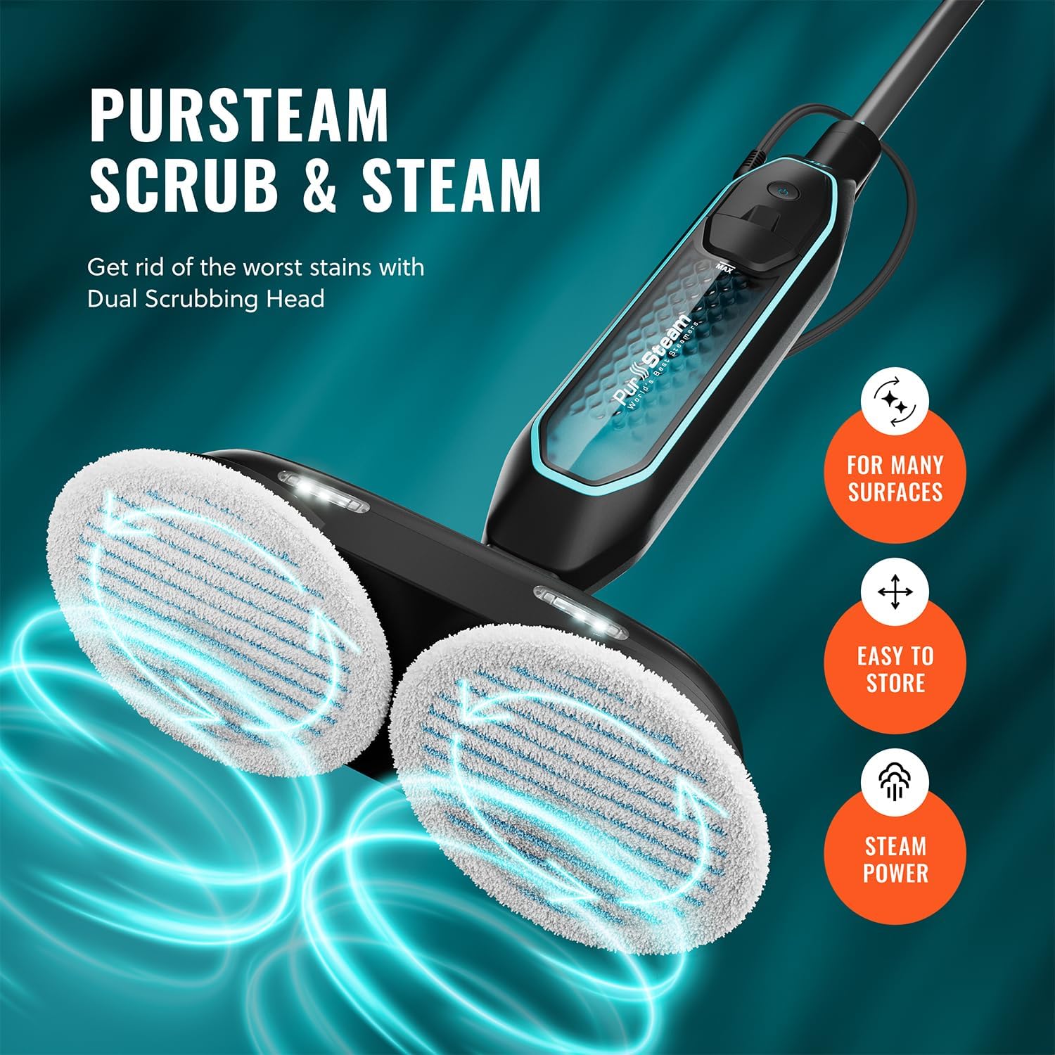 Pursteam ScrubMaster Steam Mop - Dual Scrubbing Head, LED Lights & Adjustable Steam Control | Versatile Cleaning Tool