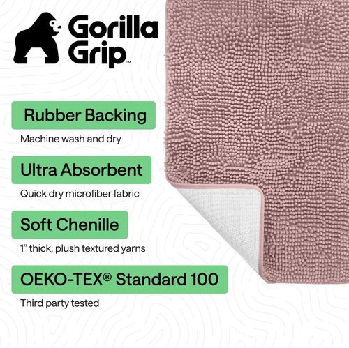 GORILLA GRIP Bath Rug Mat - Thick Soft Absorbent Chenille | Quick Dry Microfiber, 24x17 Dusty Rose